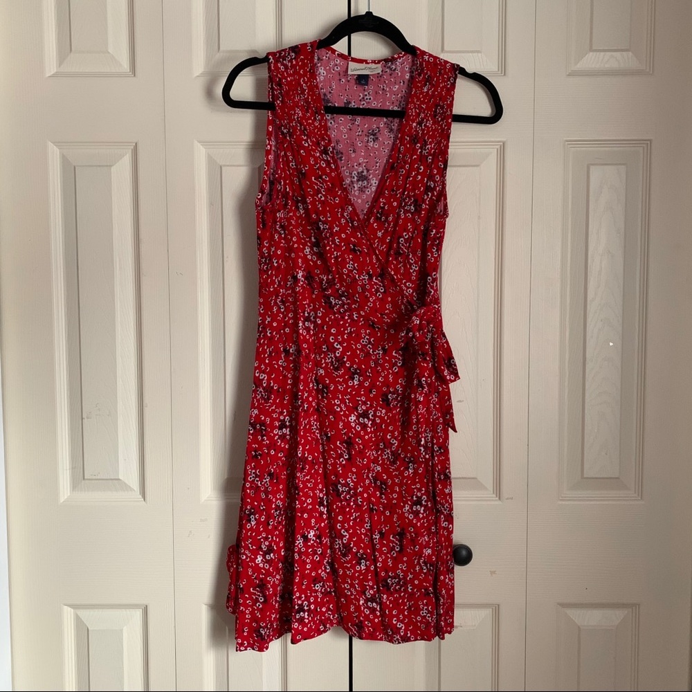 Red floral wrap dress